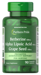 Puritan's Pride Berberine Alpha Lipoic Acid Grape Seed bottle for daily antioxidant support.