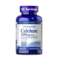 Puritan's Pride calcium d3 1500mg bottle for strong bones and daily muscle support.