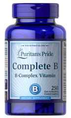Puritan's Pride Complete B Complex caplets for energy metabolism support and vegetarian formula.