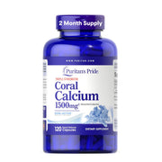 Puritan's Pride coral calcium 1500mg bottle shown for daily calcium support.