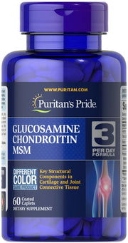 Puritan's Pride Double Strength glucosamine chondroitin msm bottle supports joint comfort.