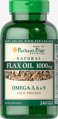 Puritan's Pride Flax Oil bottle with 240 softgels highlighting heart-healthy nutrients