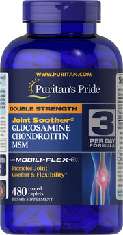 Puritan's Pride glucosamine-chondroitin-msm capsules front label highlights joint support.