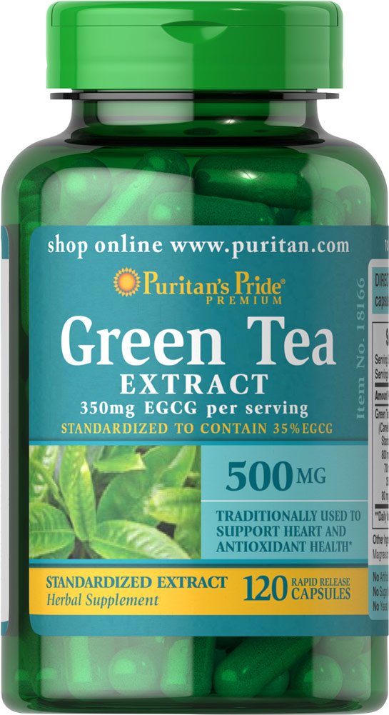 Puritan's Pride green tea extract bottle offers antioxidant support for daily wellness.