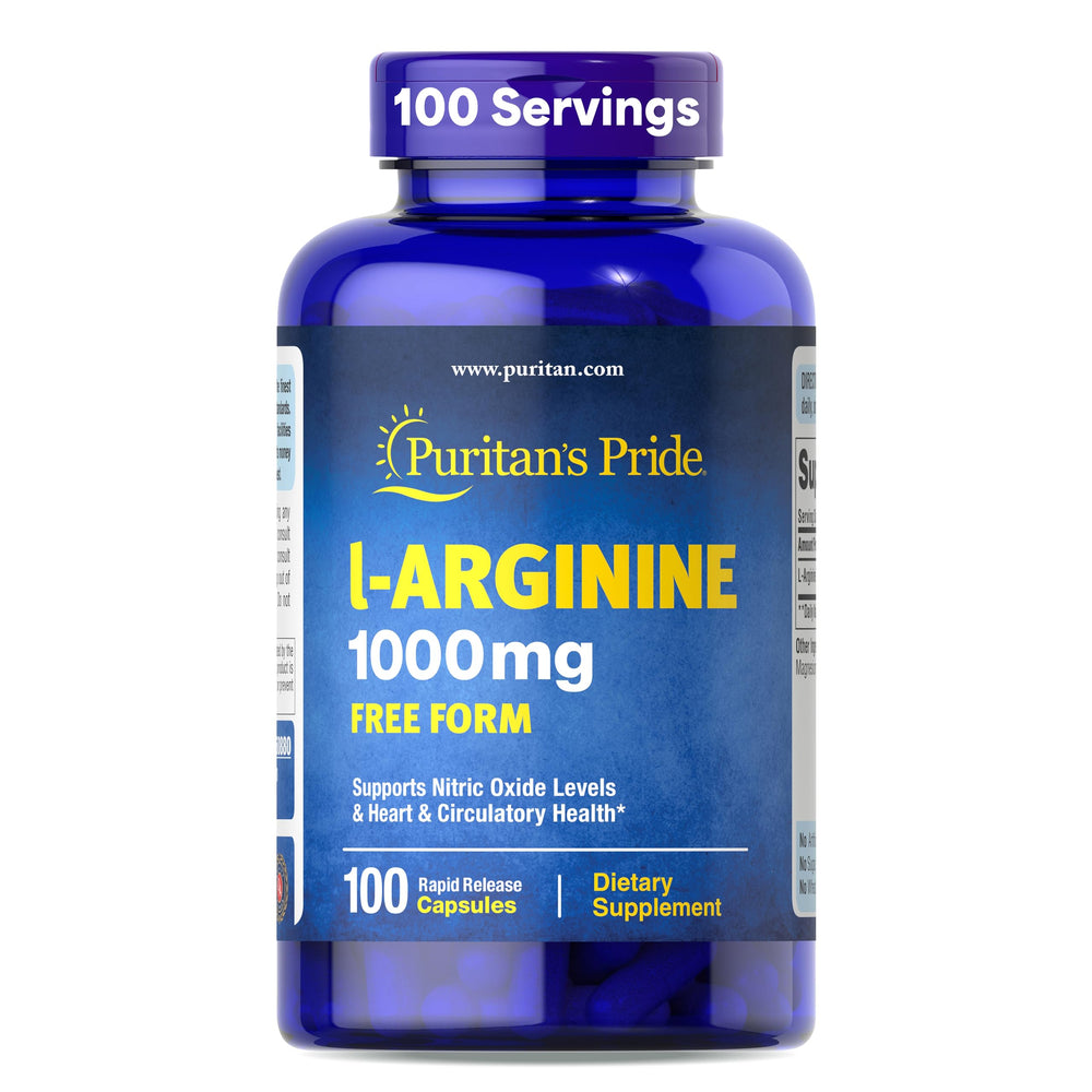 Puritan's Pride L-Arginine 1000mg bottle supports daily protein building.