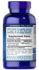 Puritan's Pride L-Lysine 1000 mg caplets label, gluten and soy free