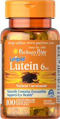 Puritan's Pride lutein 6 mg with zeaxanthin softgels for daily eye support.