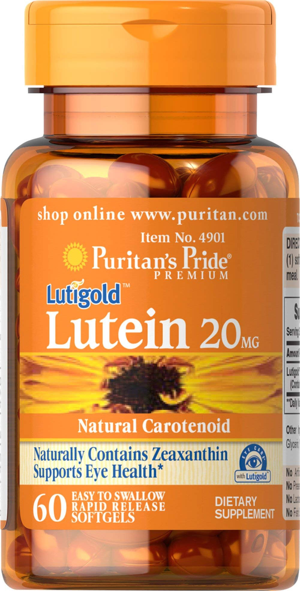 Puritan's Pride Lutein Zeaxanthin 60 softgels for eye health support in daily routine.