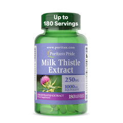 Puritan's Pride Milk Thistle Silymarin bottle front with clear label and traditional liver support messaging.