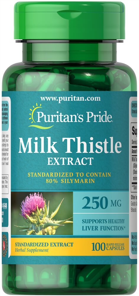 Puritan's Pride Milk Thistle capsules, 250 mg silymarin, 100-count bottle for daily use