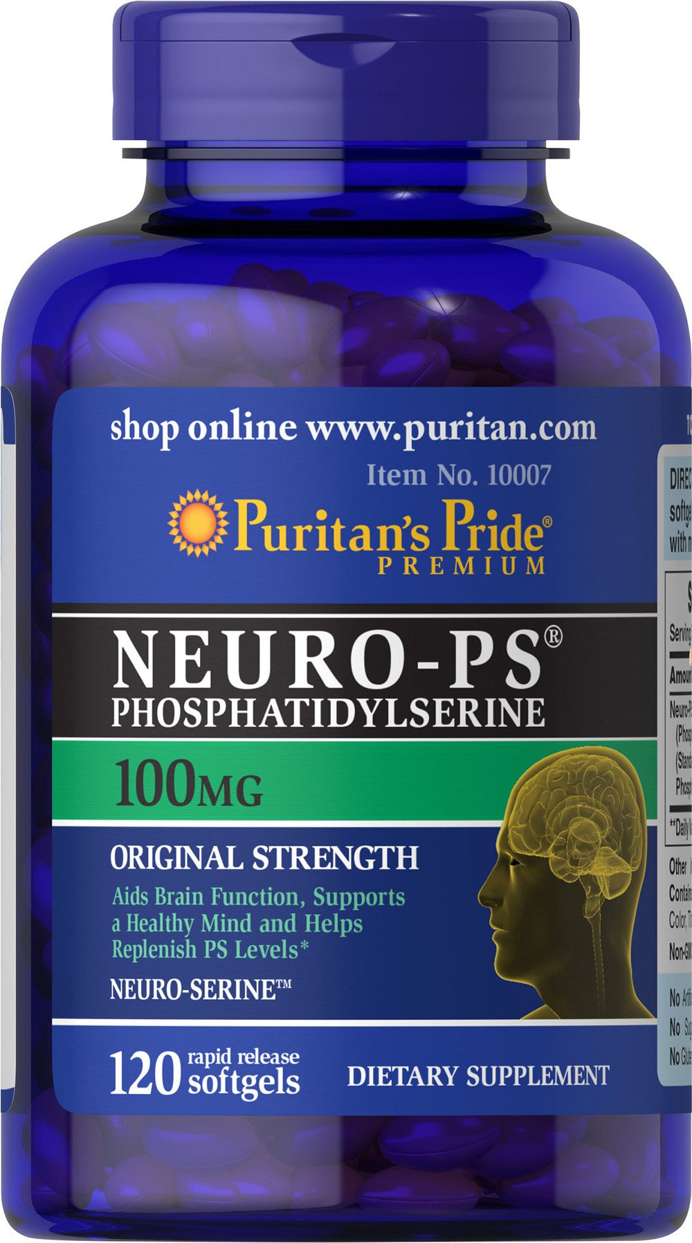 Puritan's Pride Neuro-PS softgel bottle with 120-count package for daily cognitive support.