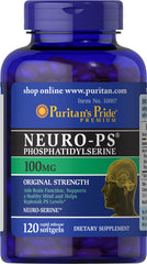 Puritan's Pride Neuro-PS softgel bottle with 120-count package for daily cognitive support.