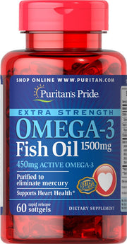Puritan's Pride Omega-3 1500 mg bottle closeup for daily wellness.