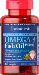 Puritan's Pride Omega-3 1500 mg bottle closeup for daily wellness.
