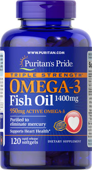 Puritan's Pride Omega-3 softgel bottle close-up for heart health support