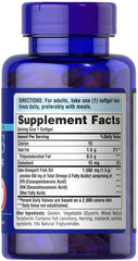 Puritan's Pride Omega-3 softgels label shown for easy dosing.