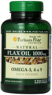 Puritan's Pride Premium Flax Oil bottle with golden oil for daily use.