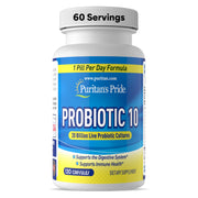 Puritan's Pride Probiotic 10 bottle front showing 20B CFU and 10 strains for digestion