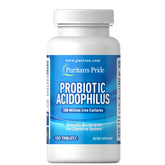 Puritan's Pride probiotic tablets in a white bottle supporting digestive balance.