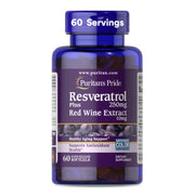 Puritan's Pride Resveratrol 250mg bottle: antioxidant support for healthy aging.