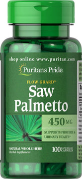 Puritan's Pride Saw Palmetto 100 Count bottle front view highlighting quality packaging and potential immune support.