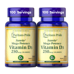 Puritan's Pride Sunvite front bottle view for daily vitamin D3 supplementation.