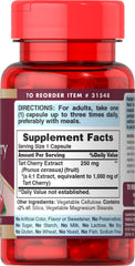 Puritan's Pride Tart Cherry Extract label close-up highlighting 1000 mg strength.