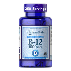 Puritan's Pride timed-release B-12 bottle supports steady energy throughout the day.