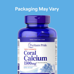 Puritan's Pride triple-strength coral calcium capsules highlighting bone support.
