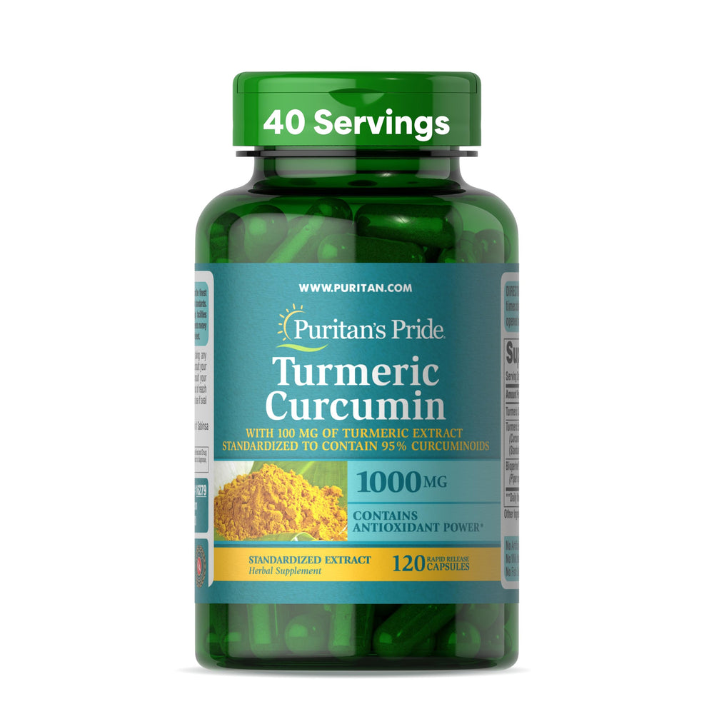 Puritan's Pride turmeric-curcumin bottle shows 1000 mg dosage for antioxidant support.
