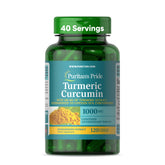 Puritan's Pride turmeric-curcumin bottle shows 1000 mg dosage for antioxidant support.