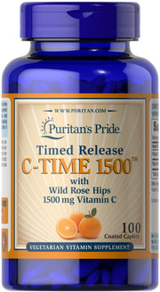 Puritan's Pride Vitamin C 1500mg bottle with rose hips for daily support.