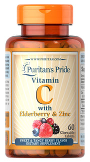 Puritan's Pride Vitamin C with Elderberry & Zinc chewables bottle showing berry flavor and daily immune support.