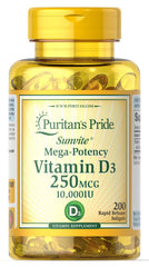 Puritan's Pride Vitamin D3 10,000 IU softgels bottle for daily immune support