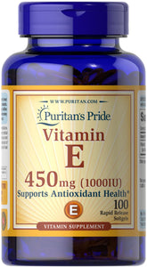 Puritan's Pride Vitamin E 450 mg bottle front view, easy-to-swallow softgels for daily support.