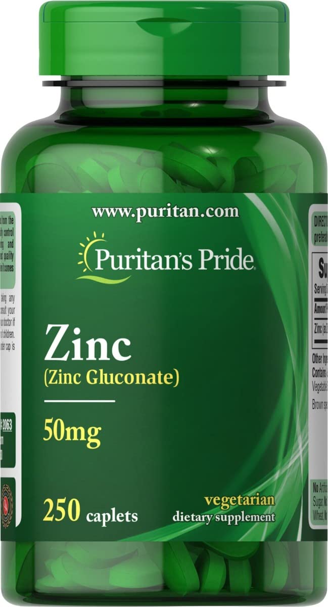 Puritan's Pride Zinc 50 Mg bottle close-up highlighting dosage and branding for daily wellness.