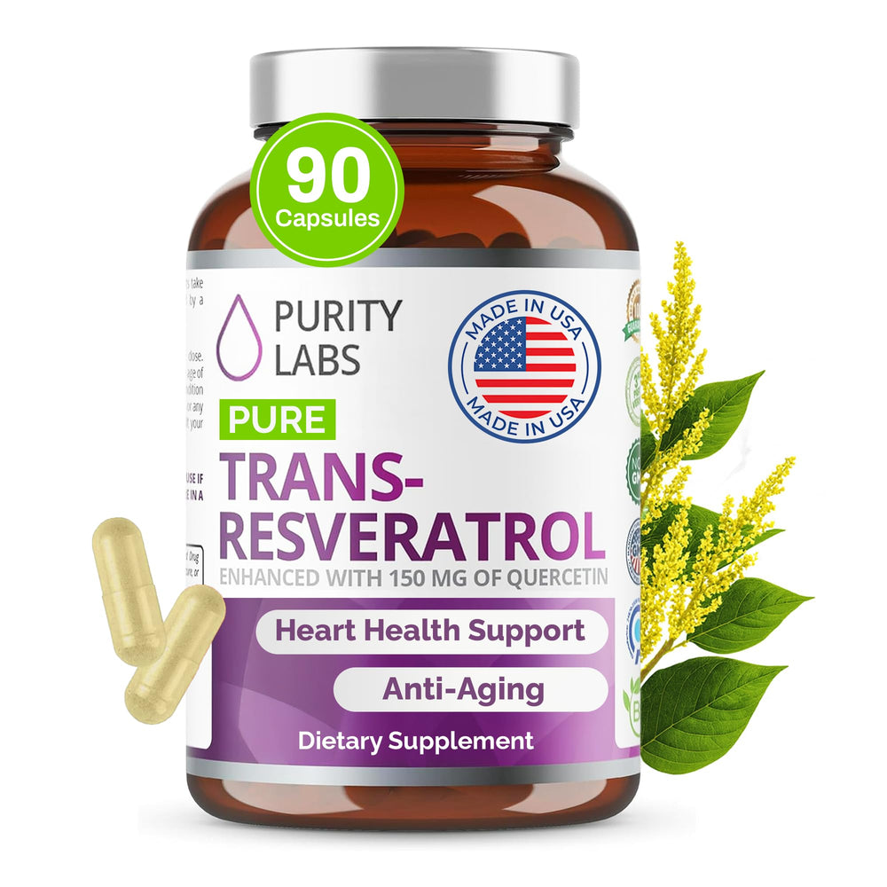 Purity Labs Pure Trans-Resveratrol bottle showing vegan antioxidant support for daily wellness.