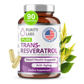 Purity Labs Pure Trans-Resveratrol bottle showing vegan antioxidant support for daily wellness.