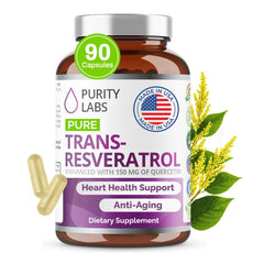 Purity Labs Pure Trans-Resveratrol bottle showing vegan antioxidant support for daily wellness.