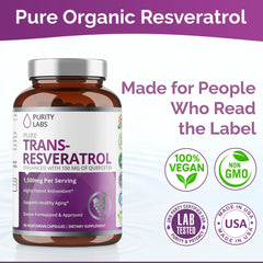 Purity Labs Trans Resveratrol capsules close-up highlighting concentrated antioxidant formula.