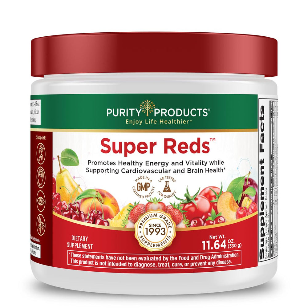 Purity Products Super Reds powder tub front view highlighting colorful phytonutrient spectrum for daily nutrition.