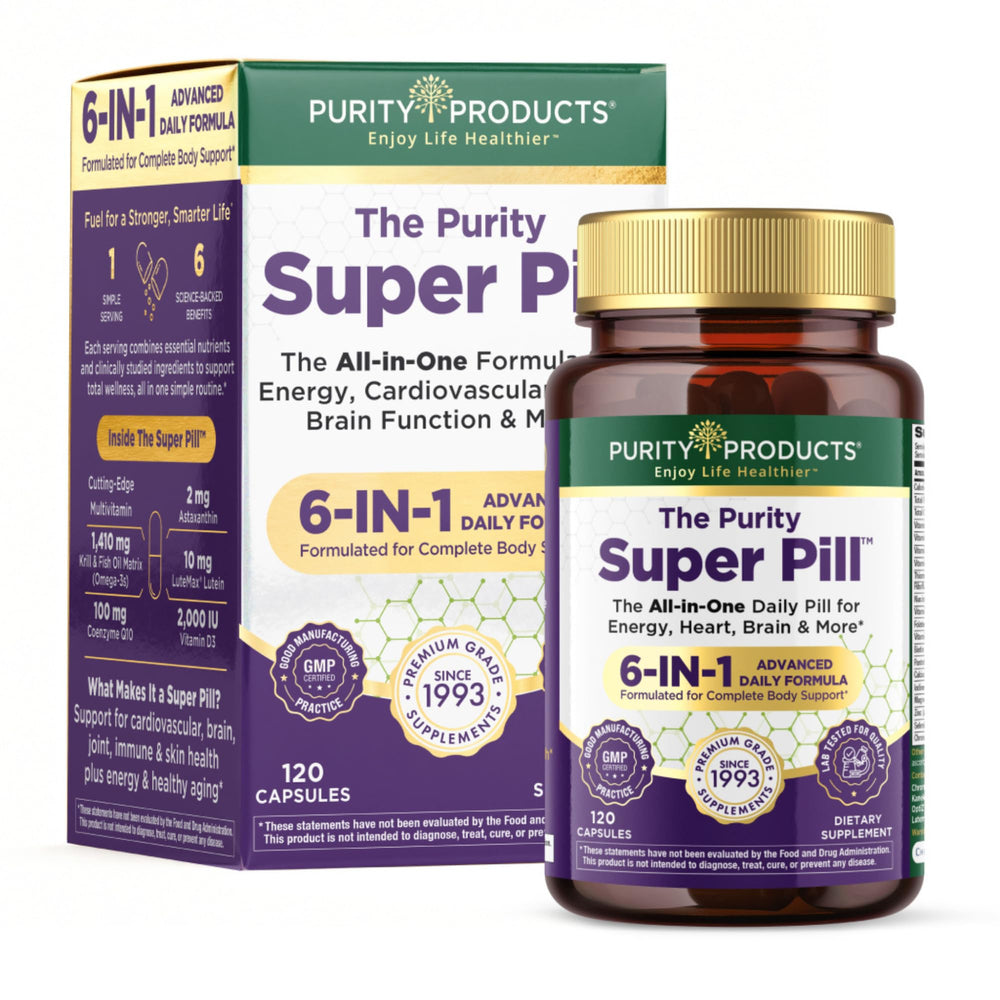 Purity Super Pill bottle front view showing all-in-one daily nutrition.