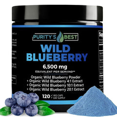 Purity’s Best Wild Blueberry Extract bottle closeup, vegan formula for daily brain support.