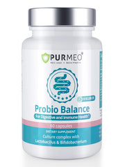 Purmeo Probiotics bottle showcasing Lab4 strains for balanced digestion.