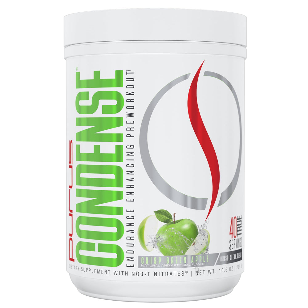 Purus Labs Condense tub front showing 40 servings for convenient pre-workout fueling.