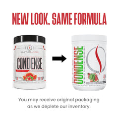 Purus Labs Condense tub front highlights powder texture for fast pre-workout mixing.