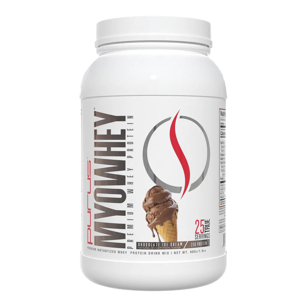 Purus Labs MyoWhey premium whey protein jar with chocolate ice cream flavor delivering 25 g protein per serving