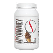 Purus Labs MyoWhey premium whey protein jar with chocolate ice cream flavor delivering 25 g protein per serving