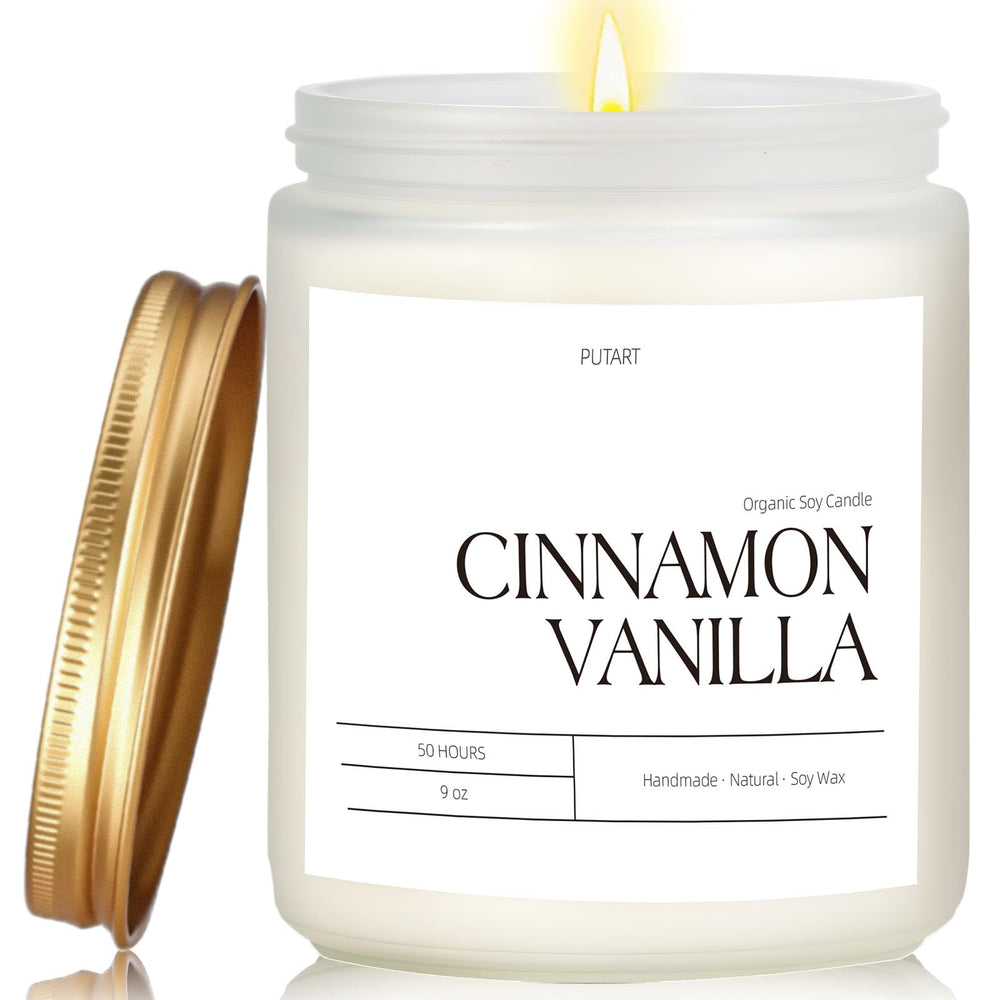 Putart Cinnamon Vanilla Candle in a frosted jar for relaxing home fragrance