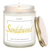 Putart sandalwood candle jar closeup; long-lasting aroma for a calm room.
